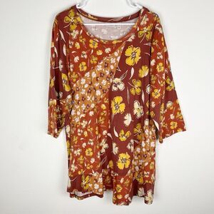 LOGO Classic Mixed Printed Fabric Rust Golden Fall  Colors Top Blouse 3X​​